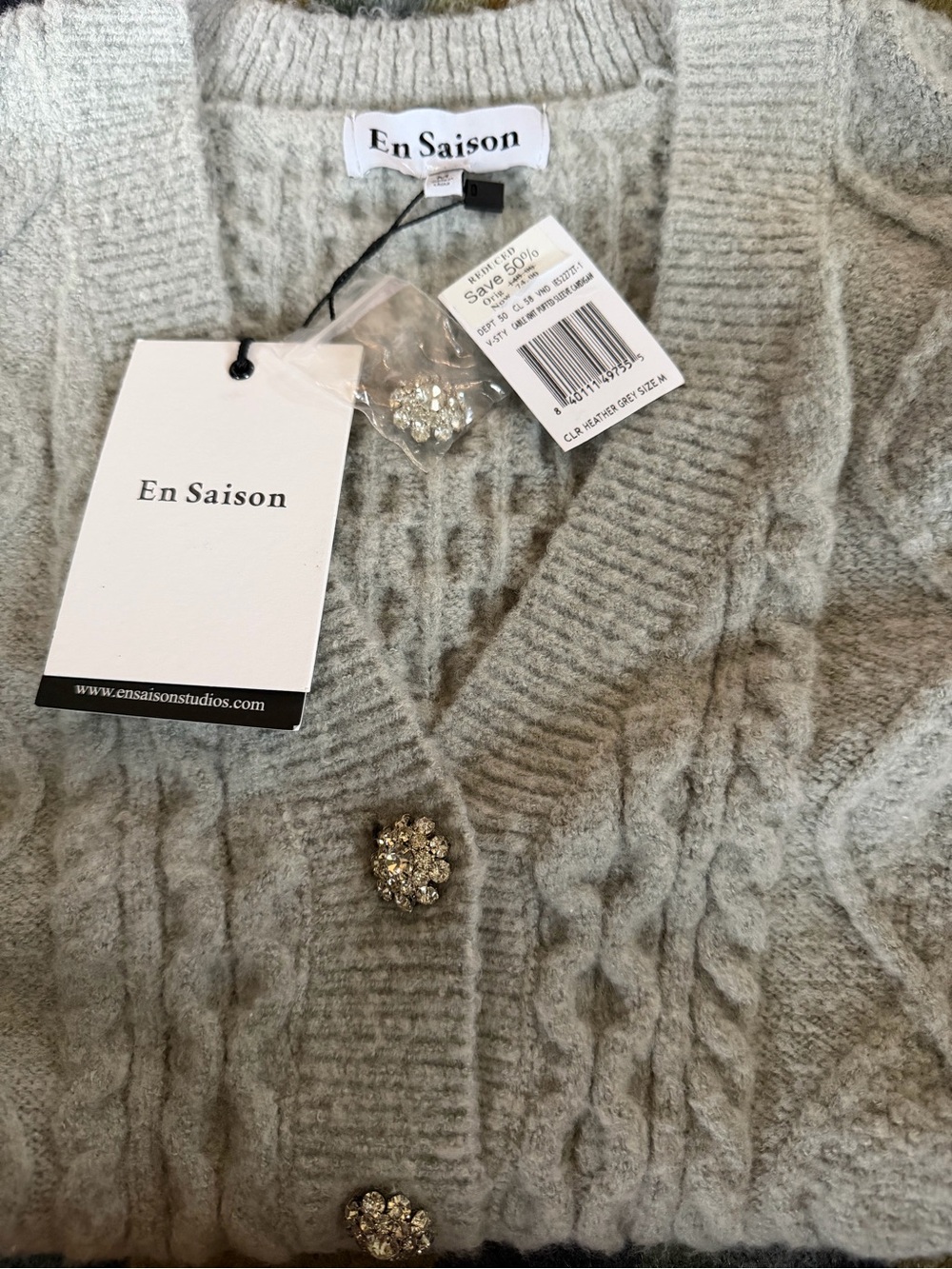 En Saison Sirka cable-knit puff-sleeve cardigan